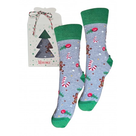 skarpety świąteczne w pudełeczku 1 para szaro-zielone w pierniczki, lizaki